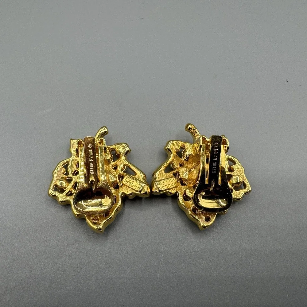 Vintage Nolan Miller Gold Tone Autumn Leaf Rhinestone Clip On Earrings